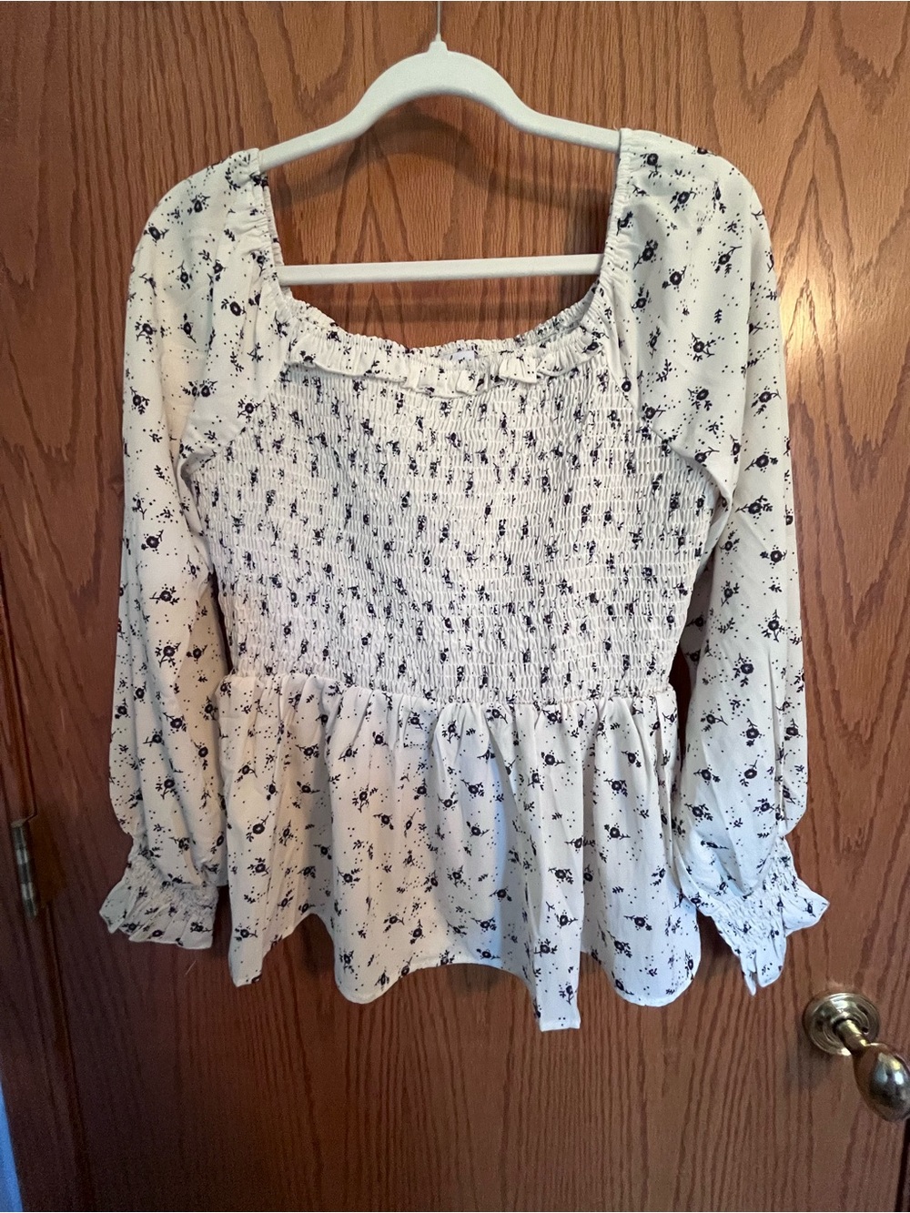 Polagram White Long-Sleeve Smocked Peplum Top with Black Floral Print
